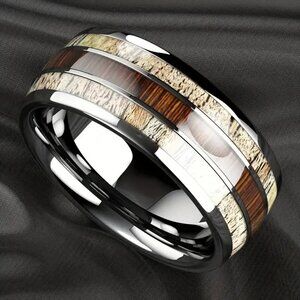 Set of 6 Modern Wood & Stone Inlaid Titanium Steel Ring - Simple Style, Size 9.